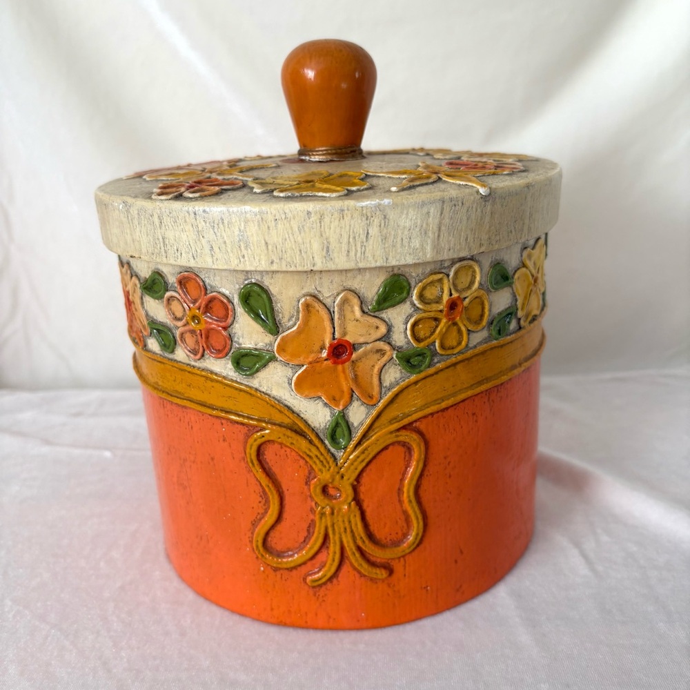 Vintage floral orange 70s paper mache storage canister home decor accent trinket - Picture 2 of 5